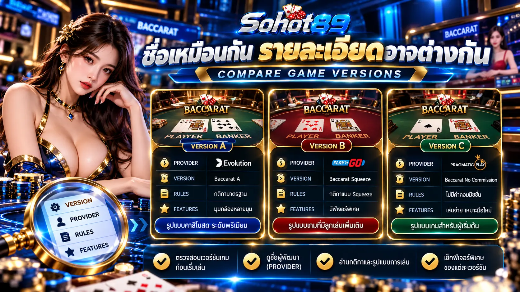 เกมคาสิโนชื่อคล้ายกันแต่รายละเอียดไม่เหมือนกัน ควรอ่านข้อมูลเวอร์ชันอย่างไร